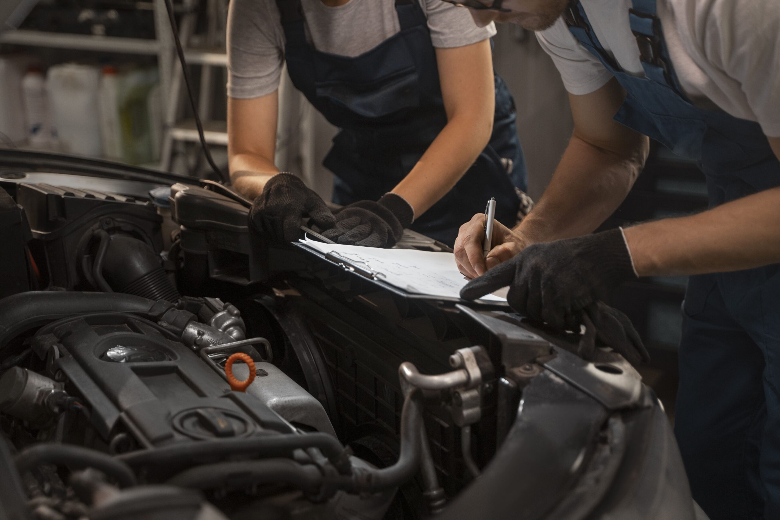 mecaniciens-masculins-et-feminins-travaillant-dans-le-magasin-sur-une-voiture